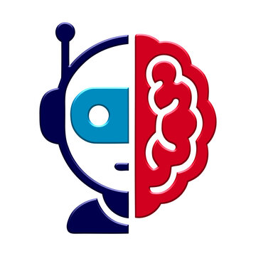 3D artificial intelligence icon featuring a split robot head and human brain symbol for machine learning, neural networks, digital innovation, isolated on a transparent background PNG cutout elements.