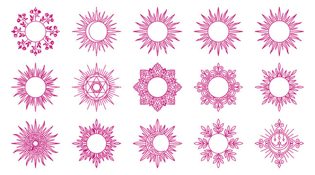 A decorative breast cancer awareness vector bundle featuring various pink sunburst frames and floral elements for creative design projects and prints