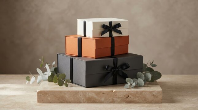 Stacked gift boxes with ribbon on wooden surface