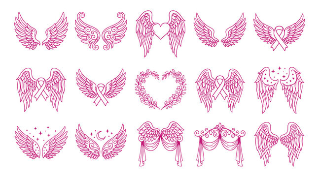 A detailed breast cancer awareness vector bundle featuring pink ribbons angel wings hearts and floral elements for charity event design projects