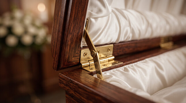 Close-up detail of a polished wooden coffin with rich texture. A golden brass hinge and metal bracket hold the open lid. White silk interior lining and soft ruffled fabric are visible.