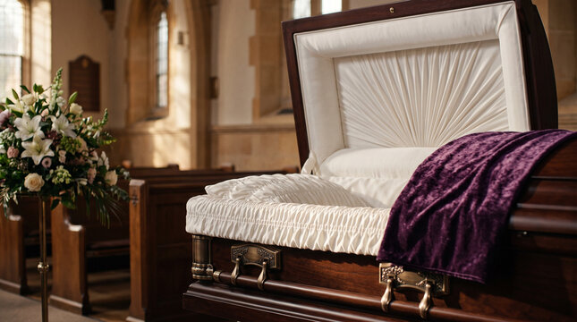 Close-up detail of a polished wooden coffin with rich texture. A golden brass hinge and metal bracket hold the open lid. White silk interior lining and soft ruffled fabric are visible.