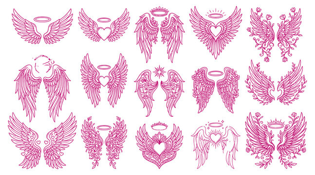 A comprehensive breast cancer awareness vector bundle featuring hand drawn angel wings and heart illustrations in a vibrant pink ink style