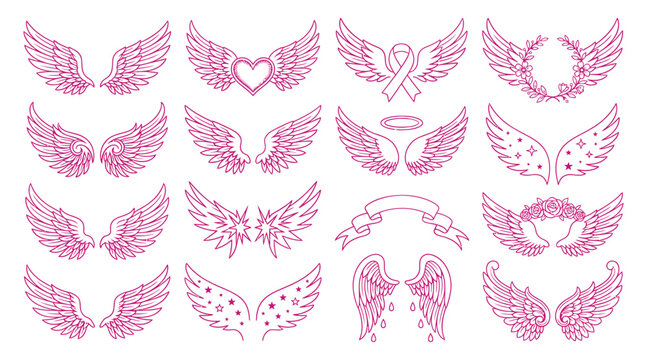 A comprehensive breast cancer awareness vector bundle featuring various pink angel wings and decorative elements for charity events and support designs