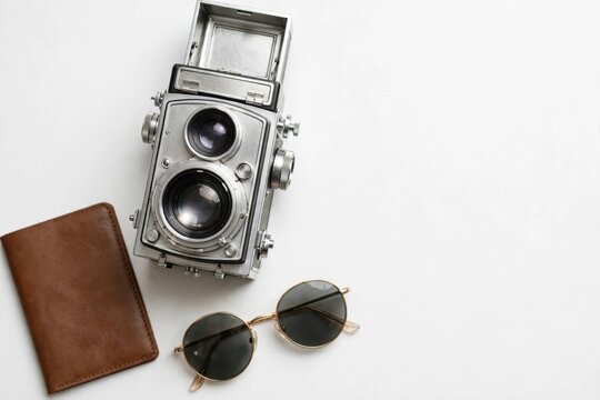 Vintage Twin Lens Reflex Camera with Travel Essentials on White Background.
