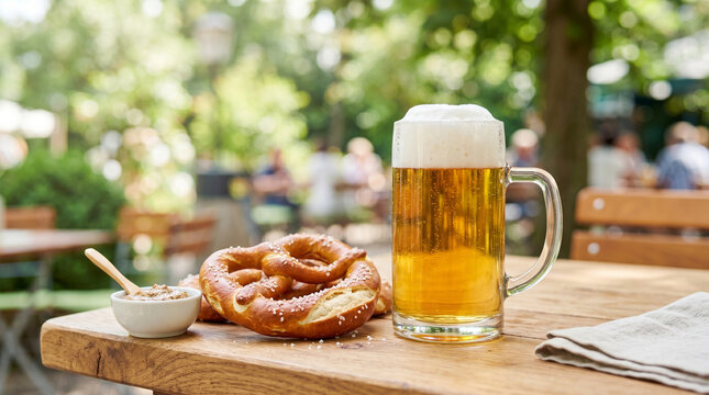 Beer mug with pretzel on wooden table in sunny outdoor setting  