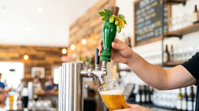 Bartender pouring beer from green tap handle in a lively bar for International Beer Day  