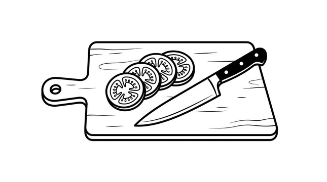 Sliced Tomatoes Vector Chef Knife Cutting Board Line Art Kitchen Icon