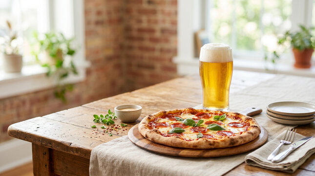 Pizza and beer on wooden table with natural light for International Beer Day  