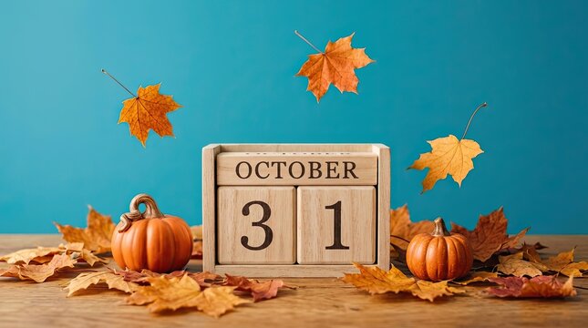 Wooden calendar block showing october 31 with pumpkins and falling autumn leaves on a blue background