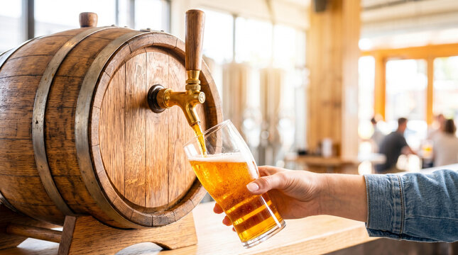 Beer barrel with wooden tap pouring amber beer in cozy brewery  