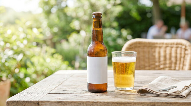 Beer bottle on table with glass of beer outdoors in summer  