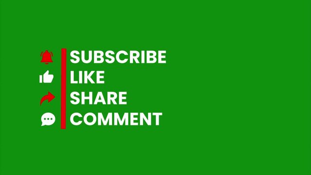 Subscribe Like Share Comment Animation, Social Media Call to Action Text Overlay, Engagement Prompt on Green Screen Chroma Key Background