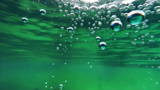 Underwater bubbles rising in green water with cinematic motion and selective focus