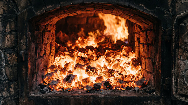 Industrial cremation chamber interior with active flames and a minimalist container during the cremation process.