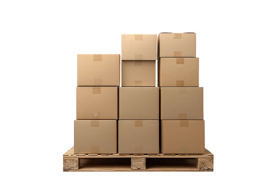 Stack of cardboard boxes on wooden pallet isolated on transparent background