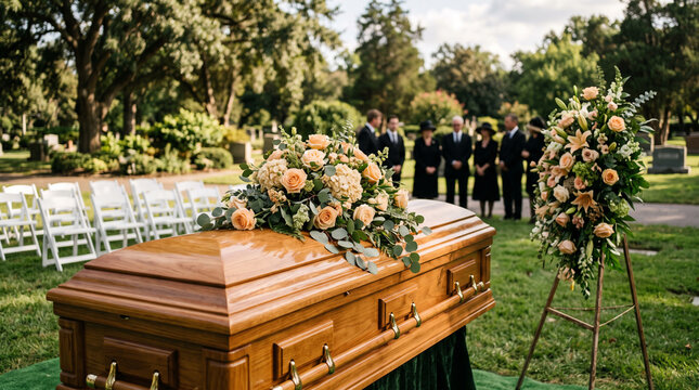 Coffin, flowers and funeral in graveyard with death, remembrance or burial ceremony for final goodbye. Casket, floral bouquet and memorial service in cemetery outdoor with honor, tribute or tradition 
