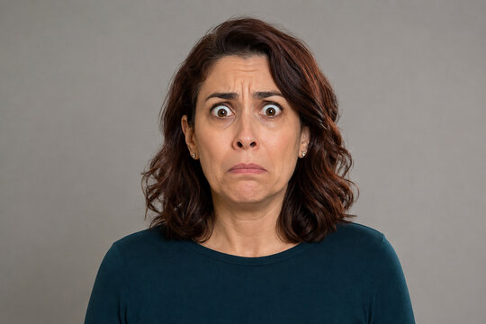 Anxious woman with wide eyes making a worried studio expression
