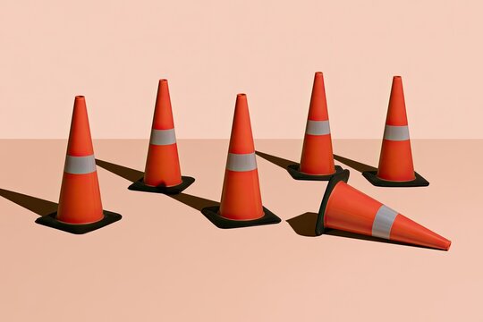 Orange traffic cones, one fallen, on a plain, peachy surface