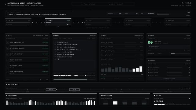 A sleek dark-mode AI software engineering dashboard showcasing autonomous agents collaborating seamlessly on a coding workflow with animated metrics and indicators.