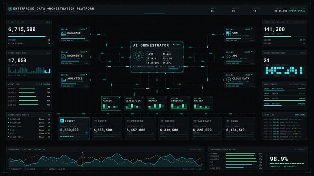 Experience a sleek dark enterprise AI agent automation dashboard visualizing autonomous document handling, communication, and record updates in a seamless workflow environment.