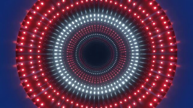 Red white blue concentric circles tunnel motion background with pulsating lights during night
