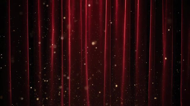 Red velvet curtains with golden glitter particles falling softly during a luxurious cinematic reveal