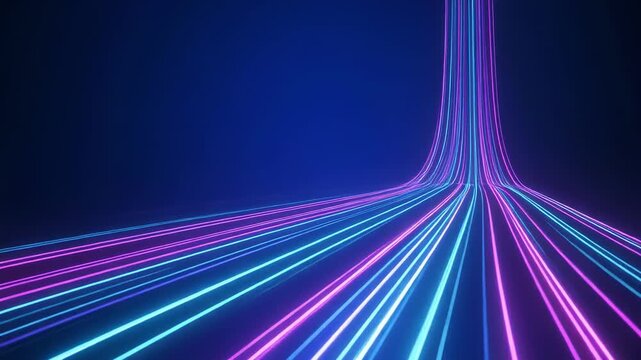 Abstract neon light streaks moving forward in dark blue background with glowing effect