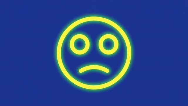 Sad face icons in neon outline against a deep blue background with horizontal black bars