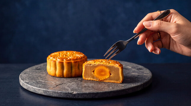 Mooncake Delight: A close-up of a traditional mooncake, its golden-brown crust intricately patterned, is presented on a stone slate. One mooncake is halved, revealing a rich.