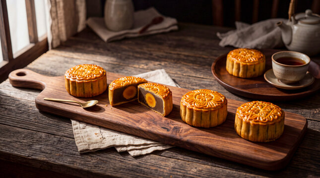 Mooncake Delicacy: A spread of golden-brown mooncakes, intricately patterned and filled with rich, savory yolk, are artfully arranged on a rustic wooden board, accompanied by a steaming cup of tea.