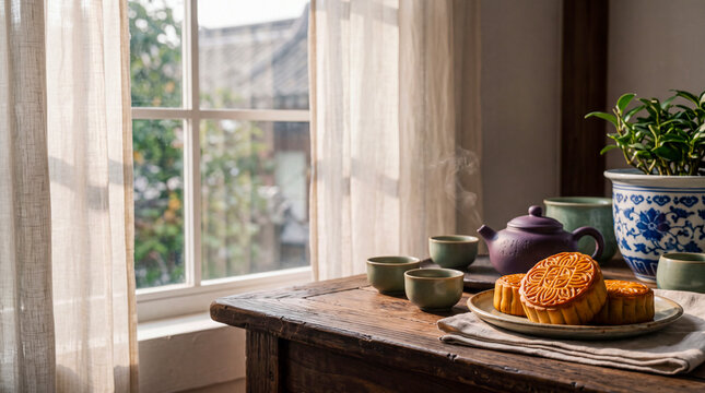 Mooncake and Tea by the Window: A tranquil scene unfolds on a rustic wooden table with delicate mooncakes and steaming tea set.