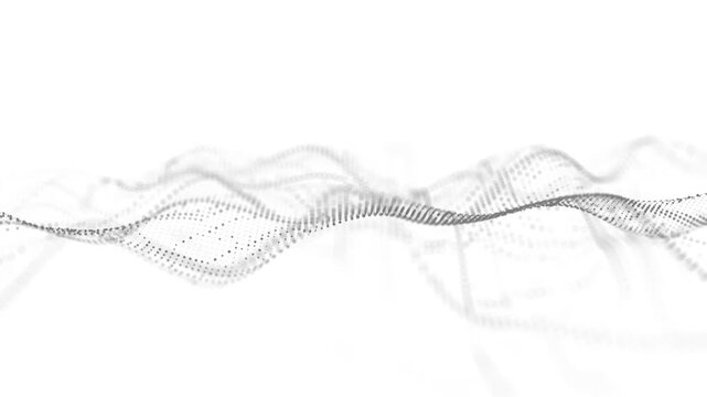 Minimal gray particle wave animation on a white background with flowing dotted curves and soft blurred depth. Clean abstract motion background for data visualization, digital signal, technology design