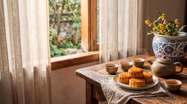 Autumnal Tea Ceremony: A tranquil scene unfolds with delicate mooncakes and steaming tea set beside a window overlooking a lush garden, evoking a sense of peaceful autumnal tradition.