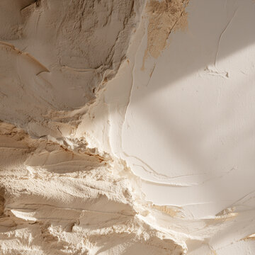 Abstract textured beige plaster wall background with subtle gold accents and soft shadow