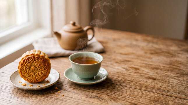 Mooncake and Tea: A delicate mooncake sits beside a steaming cup of tea, with a teapot in the background, creating a cozy and traditional scene perfect for celebrating the Mid-Autumn Festival.