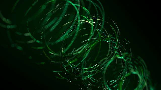 Green spiral particle trails on a dark background with dotted circular paths and soft glowing depth. Abstract technology image for energy flow, digital motion, signal visualization and futuristic scie