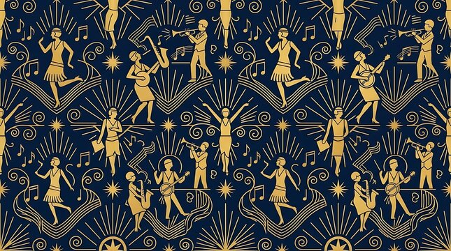 Vintage roaring twenties jazz musicians and dancers seamless pattern