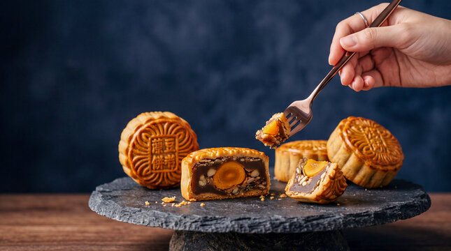 Mooncake Assortment: A selection of traditional mooncakes, some whole and others sliced to reveal their rich fillings, are artfully presented on a dark slate platter, ready for tasting.