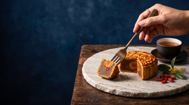 Mooncake Perfection: A hand-held fork slices into a golden mooncake, revealing its rich filling, next to a steaming cup of tea and traditional delicacies.