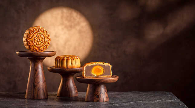 Mooncakes on Display: A collection of exquisitely crafted mooncakes, one halved to reveal its rich, golden yolk filling, are presented on elegant wooden stands.