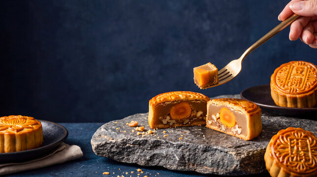 Mooncake Delight: A close-up shot of delicious mooncakes, some whole and one sliced to reveal its rich filling, being served with a fork, set against a dark, textured background.