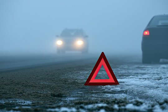Red triangle warning sign on icy road with foggy, dim car lights
