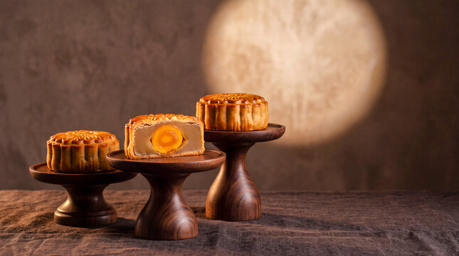 Mooncake Trio: A warm, inviting image showcasing three meticulously crafted mooncakes, one sliced to reveal a rich, golden yolk filling.