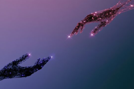 Two glowing, digitally constructed hands reaching towards each other