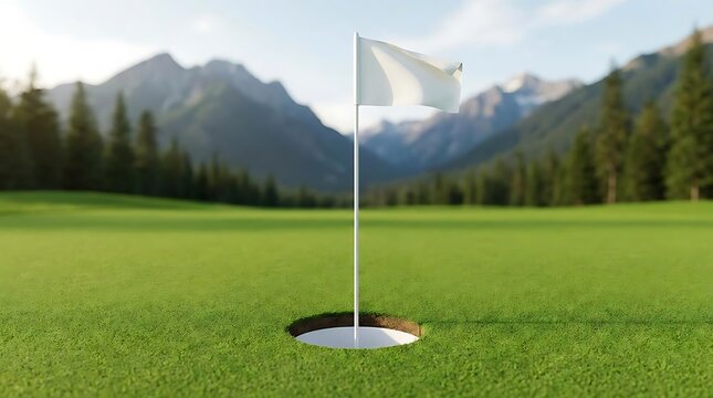 British columbia golf course with a white flag on the green hole putting surface against a scenic background of majestic canadian rocky mountains landscape