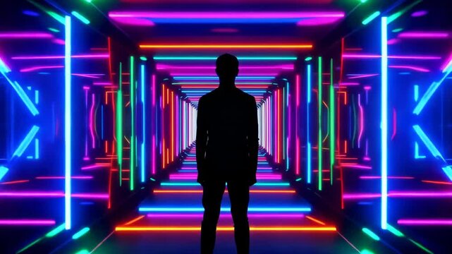 Silhouette figure standing in a neon-lit futuristic tunnel with geometric patterns and dynamic lighting during a cinematic zoom out