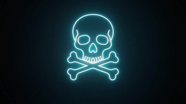 Glowing Cyan Neon Skull and Crossbones Symbol Pulsing on Clean Dark Background Seamless Loop Motion Graphics