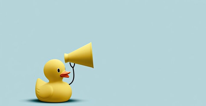 A yellow rubber duck is holding a yellow megaphone against a pale blue background