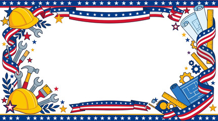 Obraz premium Patriotic American Labor Day Frame with Construction Tools and Blueprints, Celebrating Workers' Holiday and American Industry, Ideal for Invitations and Decorations